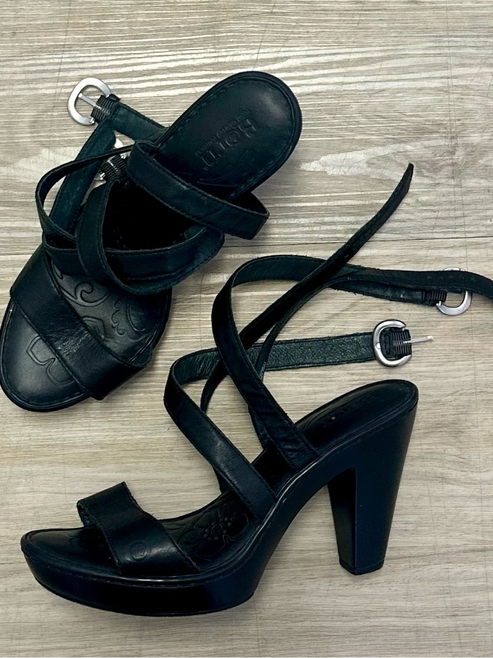 Born Black Leather Strappy Platform Heels